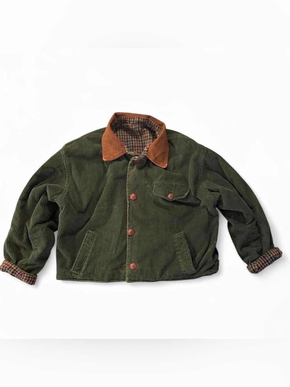 Vintage 90s Maurices Women’s Sz. S Reversible Green Corduroy & Wool Houndstooth